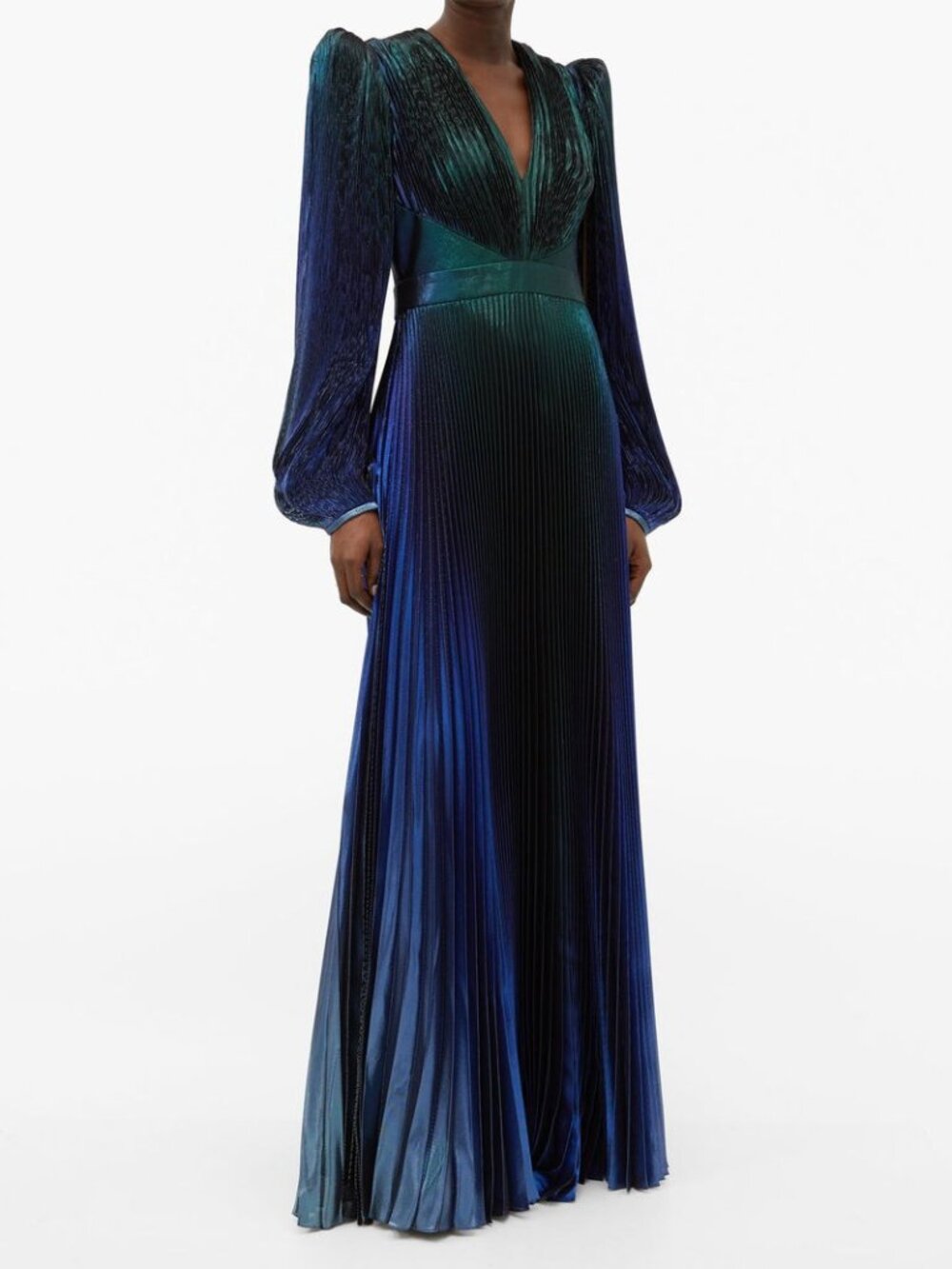 Givenchy V-Neck Pleated Long Sleeve Dégradé Lamé Gown